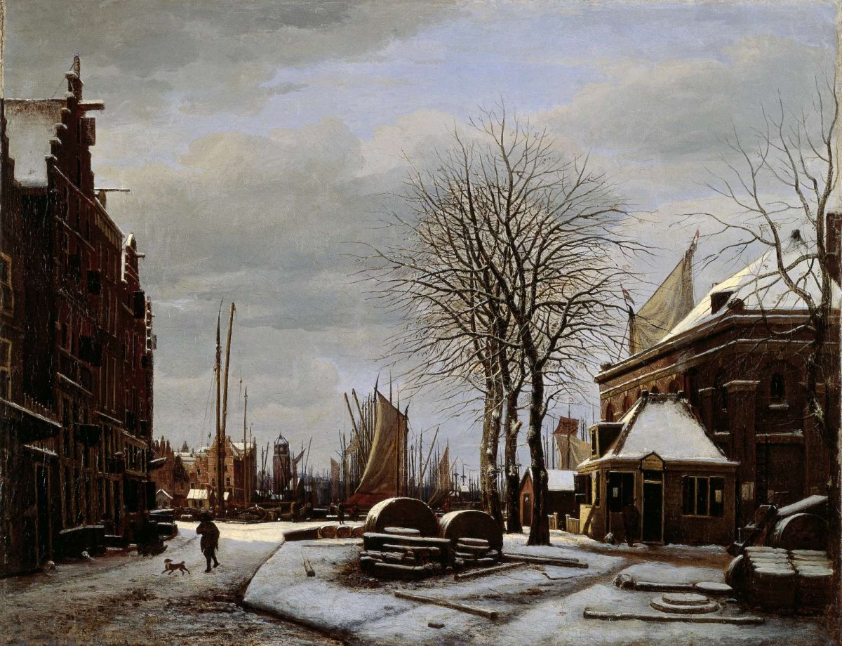 Slijpsteenmarkt (Whetstone Market) in Amsterdam with the Building 'Het Zeerecht' in Winter (The Slypsteenen at Amsterdam), George Pieter Westenberg, 1817