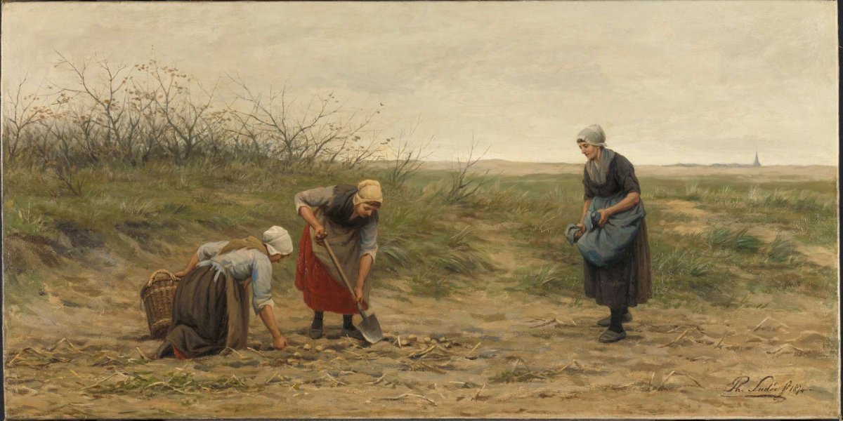Scheveningen women at the review of an uprooted potato field, Philip Sadée, 1874