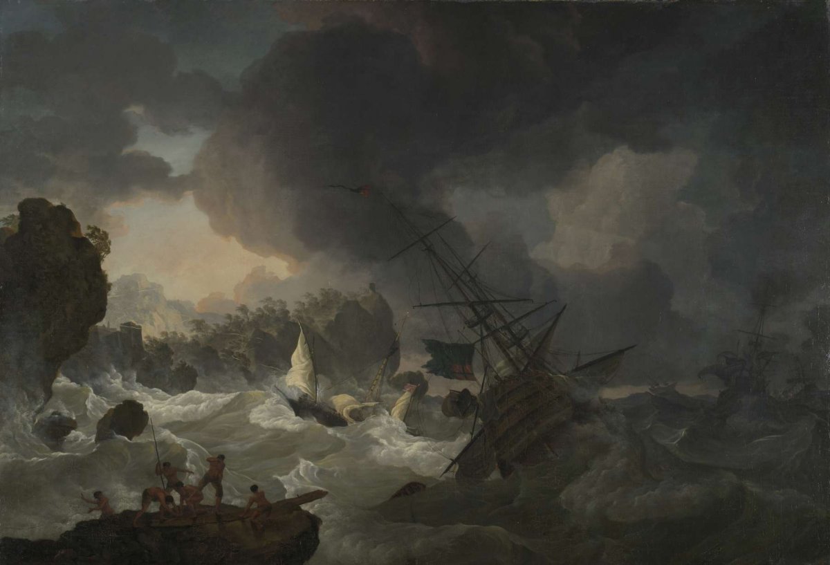 English Warships and a Moroccan chebec in Distress, Hendrik Kobell, 1775