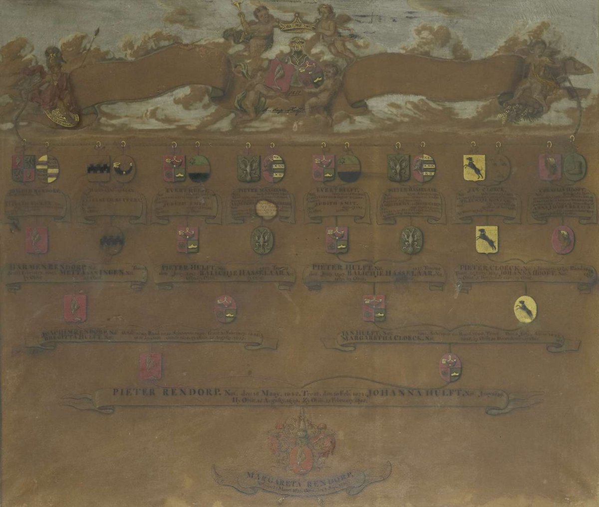 Pedigree with the arms of the sixteen quarters of Margaret Rendorp, anonymous, 1700 - 1749