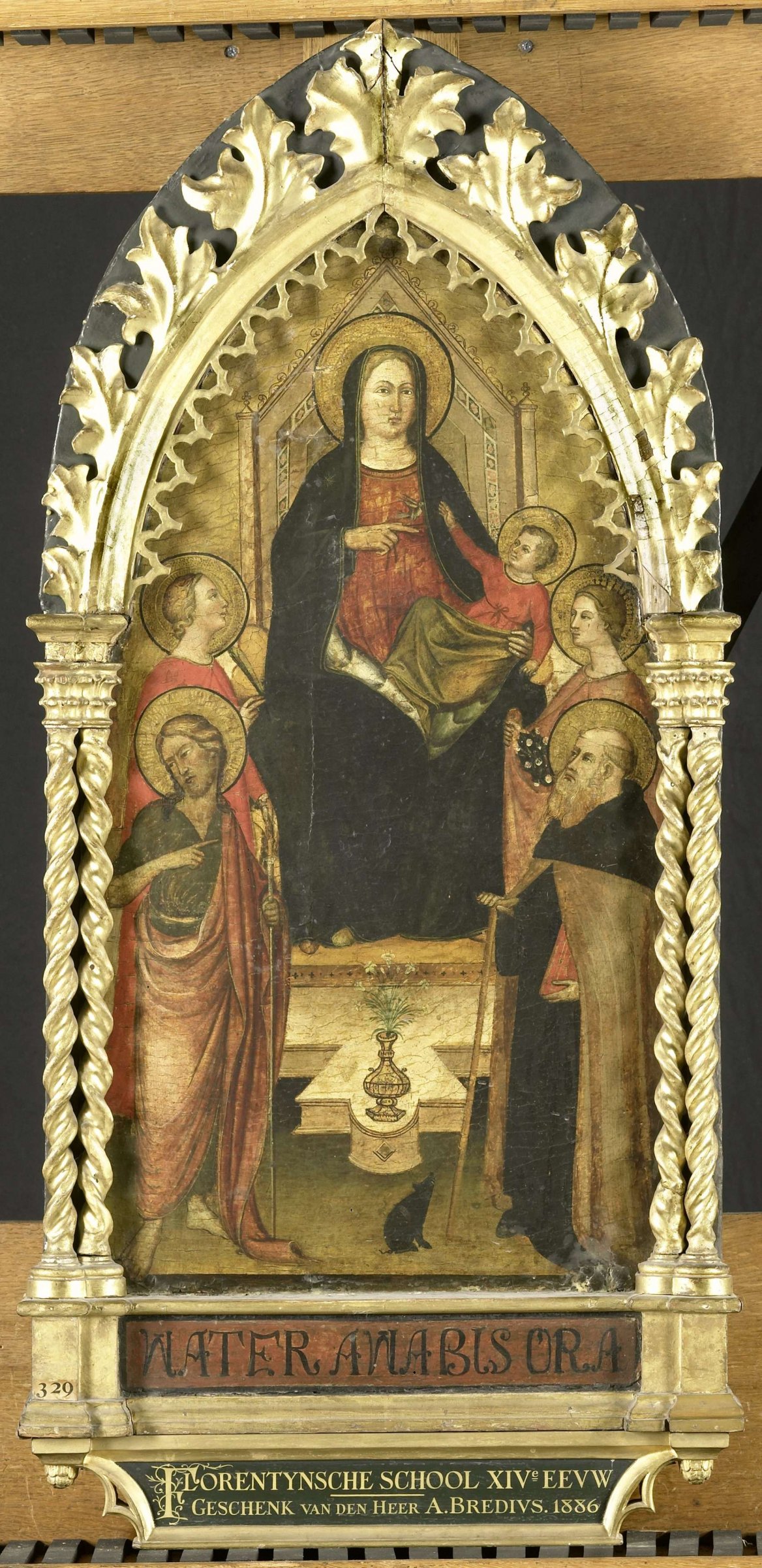 Virgin and Child Enthroned with Four Saints, Saints John the Baptist, Antony Abbot, Elizabeth of Hungary, a female saint, anonymous, c. 1350 - c. 1399