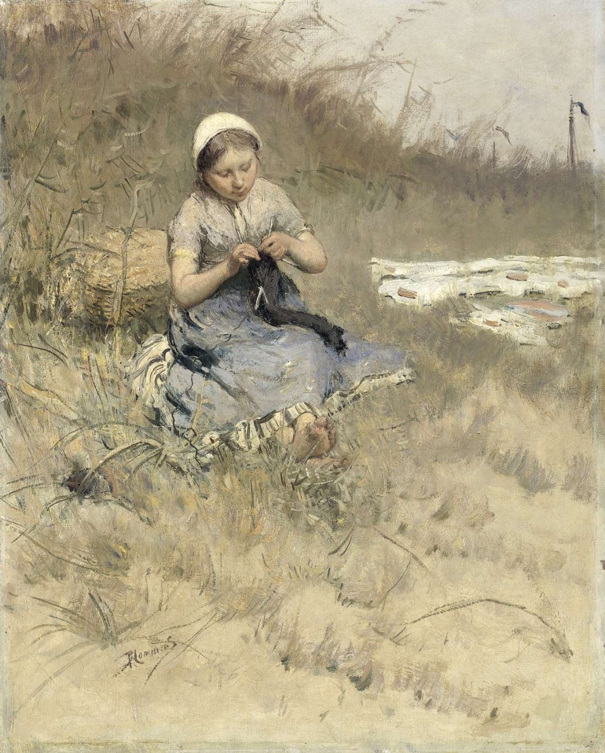 Girl Knitting, Bernardus Johannes Blommers, 1885 - 1886
