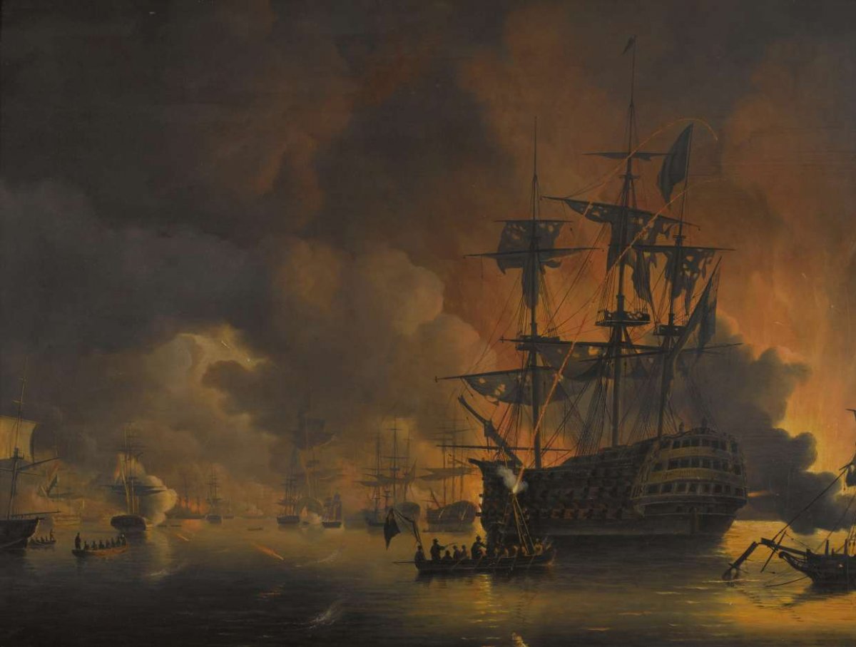 The fire on the Wharves of Algiers, shortly after the commencement of the Bombardment by the Anglo-Dutch Fleet, 27 August 1816, Nicolaas Baur, 1816 - 1820