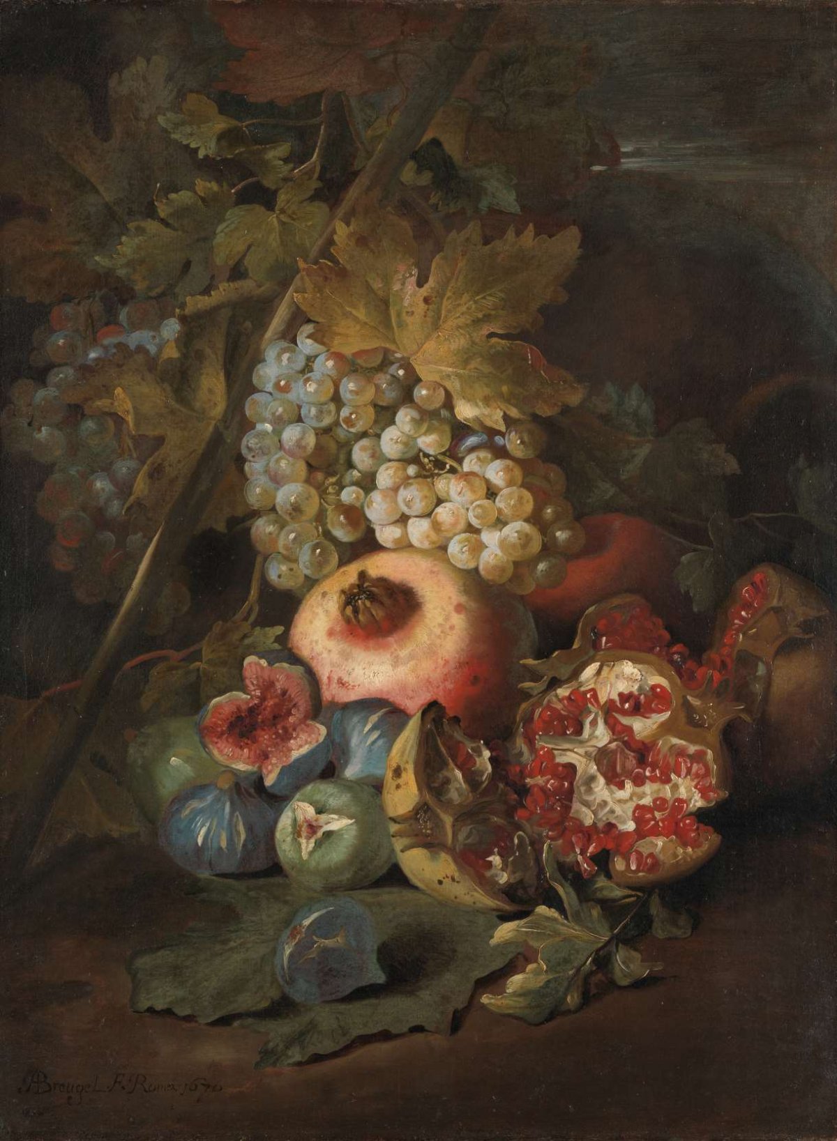 Bunches of Grapes, Pomegranates and Figs in a Landscape, Abraham Brueghel, 1670