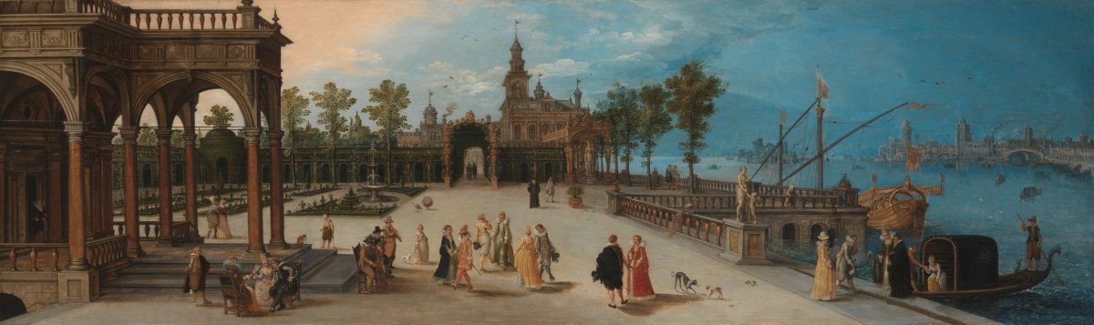 Dancing Party in the Forecourt of an Imaginary Palace with a Capriccio View of Venice in the Distance, anonymous, c. 1615