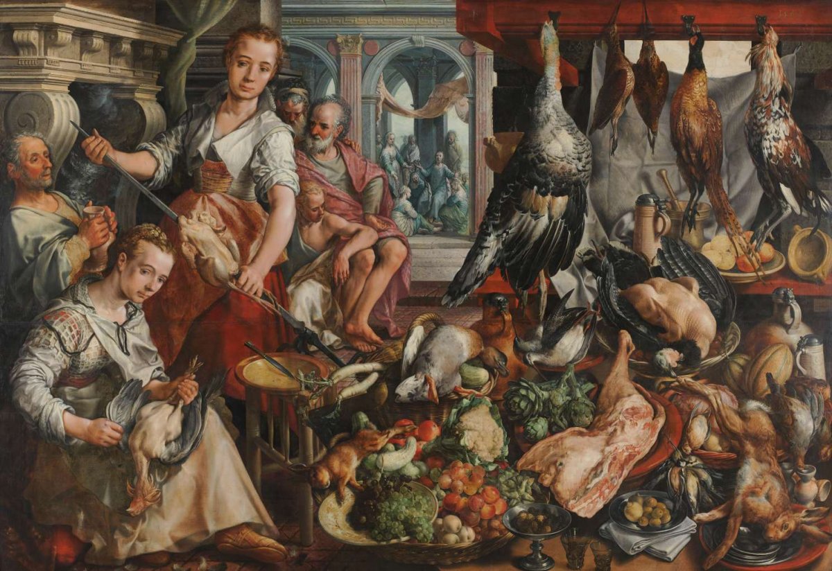 The Well-stocked Kitchen, with Jesus in het House of Martha and Mary in the Background, Joachim Bueckelaer, 1566