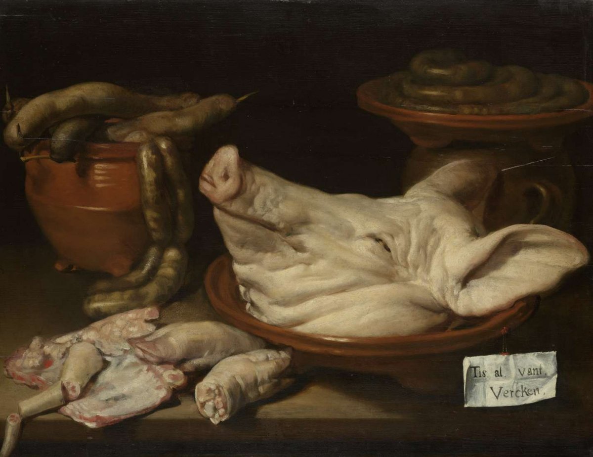 Still Life with Pig's Head, Pig's Knuckles and Sausage, Monogrammist JVR, 1600 - 1650