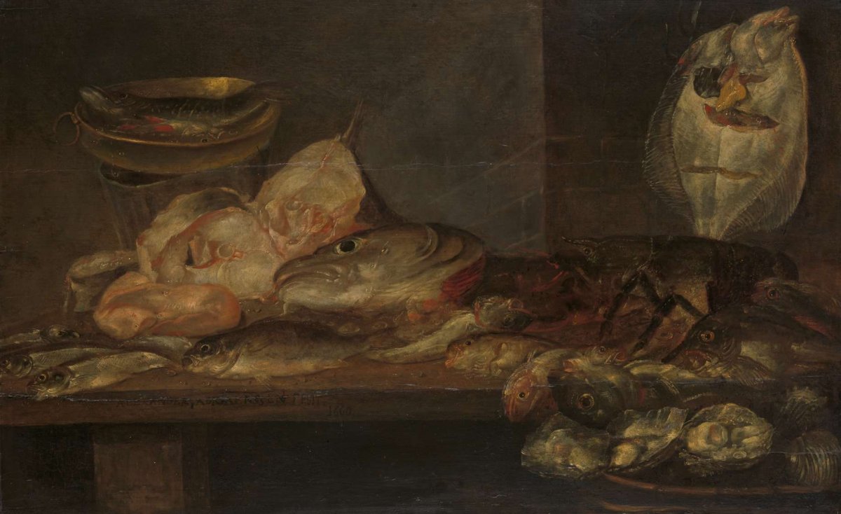 Still Life with Fish and a Lobster and Oysters on a Table nearby, Alexander Adriaenssen, 1660