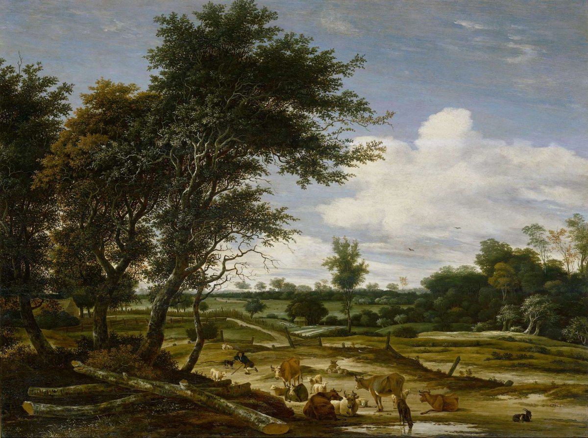 Landscape with herdsmen and cattle, Jacob Salomonsz. van Ruysdael, 1665