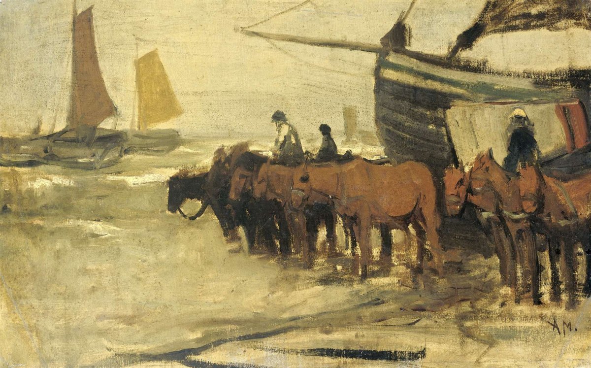 Putting a fisherman's fin into the sea, Anton Mauve, 1870 - 1888