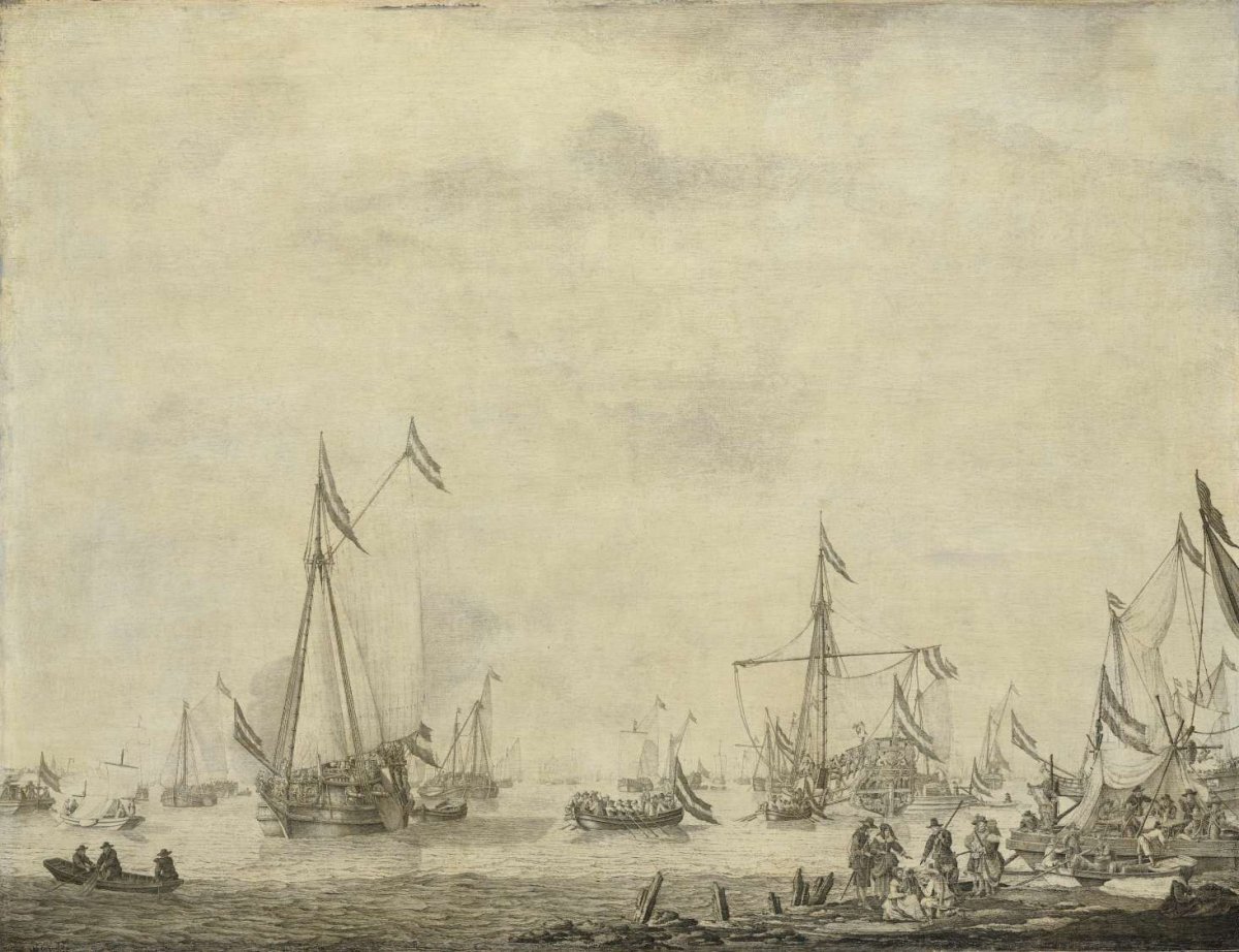 Royal Yacht and State Yacht Sail from Moerdijk with Charles II, King of England, on board, 1660, Willem van de Velde (I), 1660 - 1693