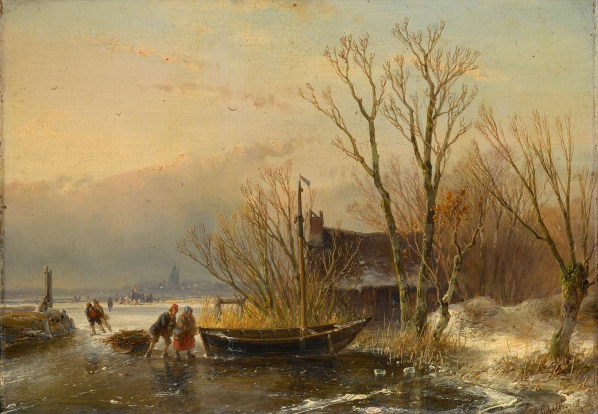 Winter Scene on the Ice with Wood Gatherers, Andreas Schelfhout, 1849