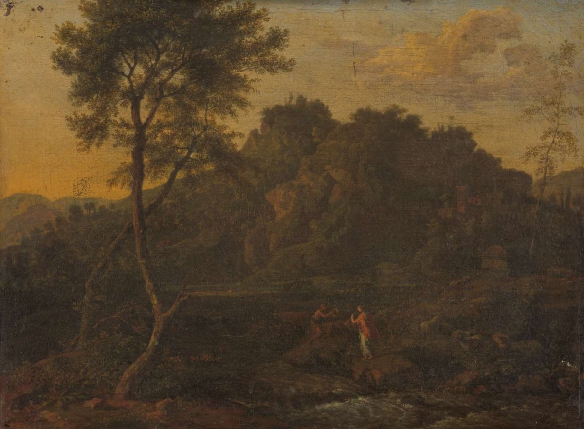Nymph and Shepherd Making Music in a Landscape, Abraham Genoels, c. 1685