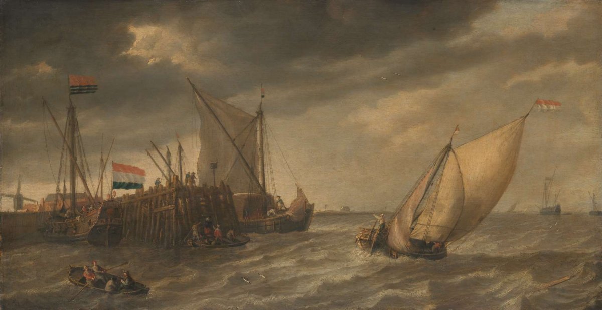 Travellers Disembarking at a Jetty on the Scheldt in Strong Winds, Bonaventura Peeters (I), c. 1635