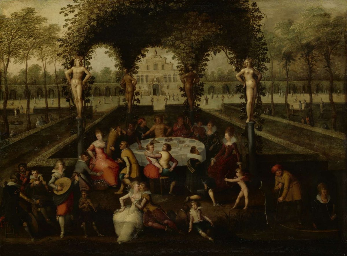 Venus, Bacchus and Ceres with Mortals in a Garden of Love, Louis de Caullery, 1590 - 1621