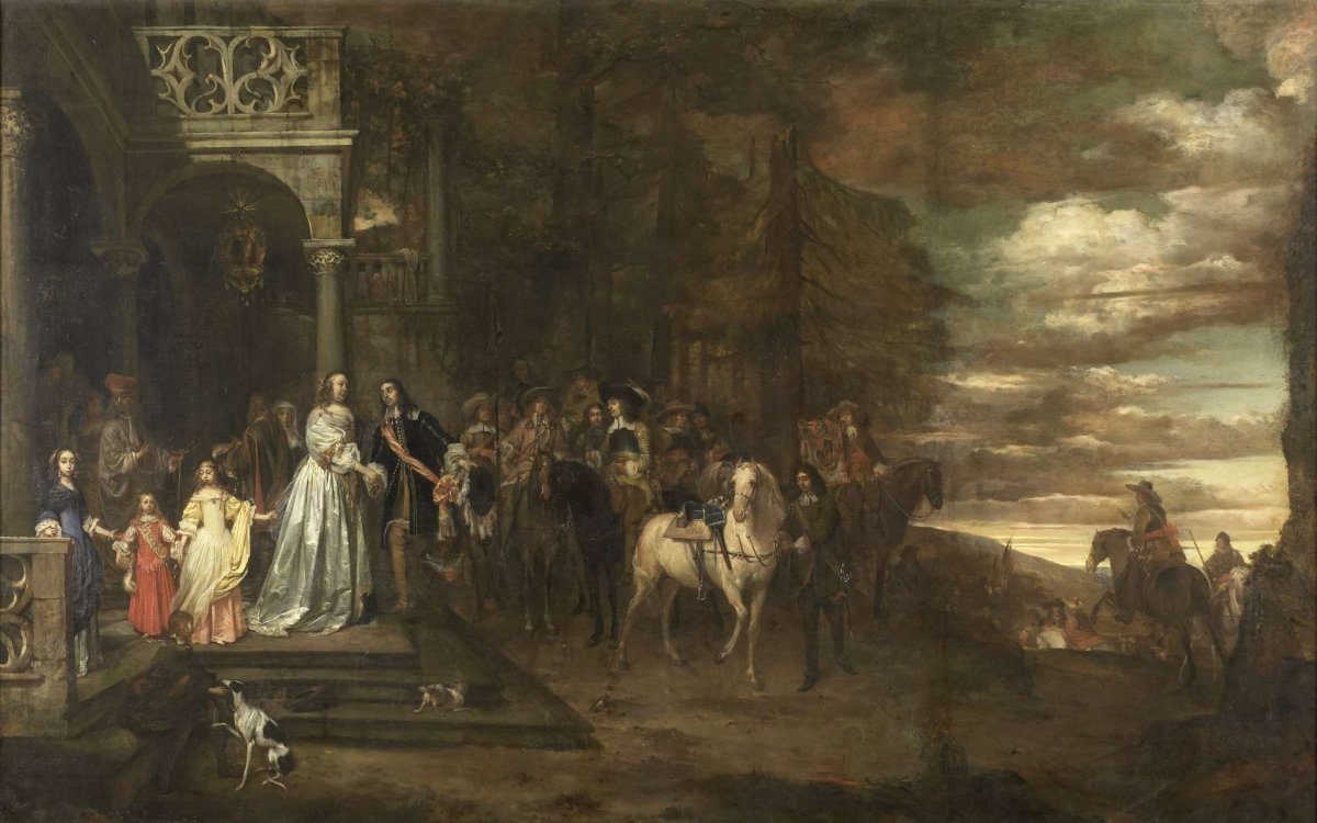 The Leavetaking of Captain Hendrik de Sandra (1619-1707), sent off by his Wife and Children, Pieter van Anraedt, 1661