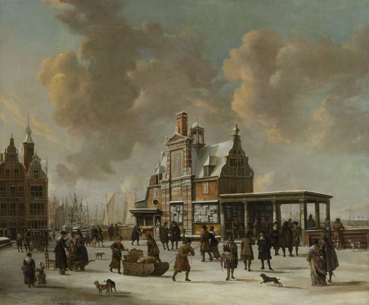 The Paalhuis and the Nieuwe Brug, Amsterdam, in the Winter, Jan Abrahamsz. Beerstraten, 1640 - 1666