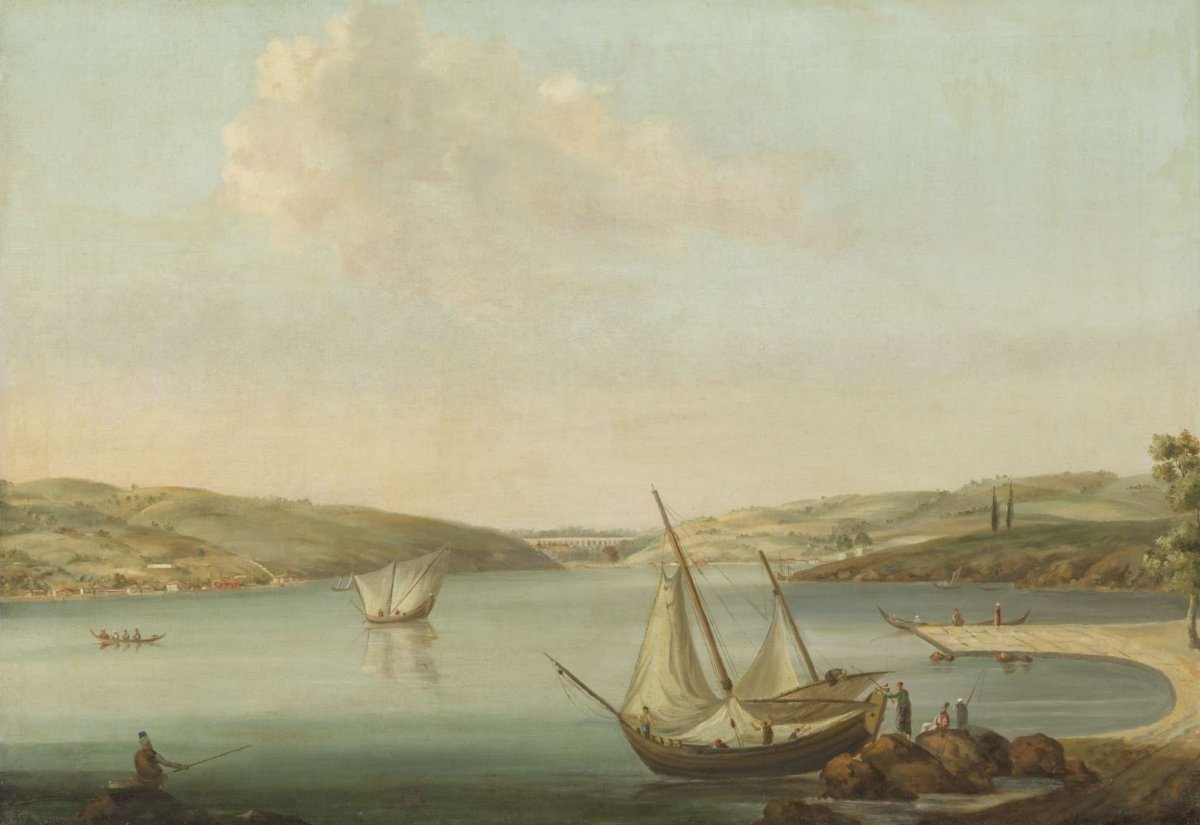 View of the Bosporus, taken from the Height of Beykoz to the northwest, with the Aqueduct of Justinian in the background, Antoine van der Steen, c. 1770 - 1780
