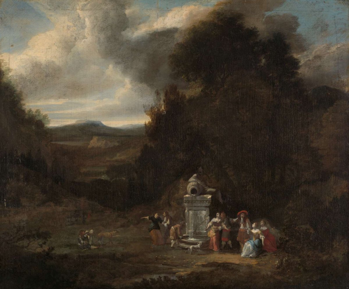 Elegant Company at an Antique Fountain in a Glade, anonymous, c. 1660 - c. 1670