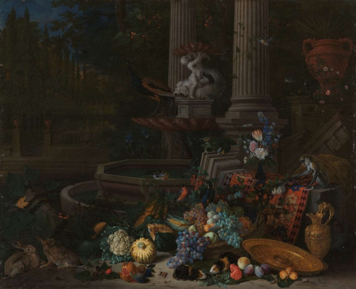 Still Life with Vegetables before a Draped, Overturned Plinth by an Ornamental Fountain, Peeter Gijsels, 1680 - 1690