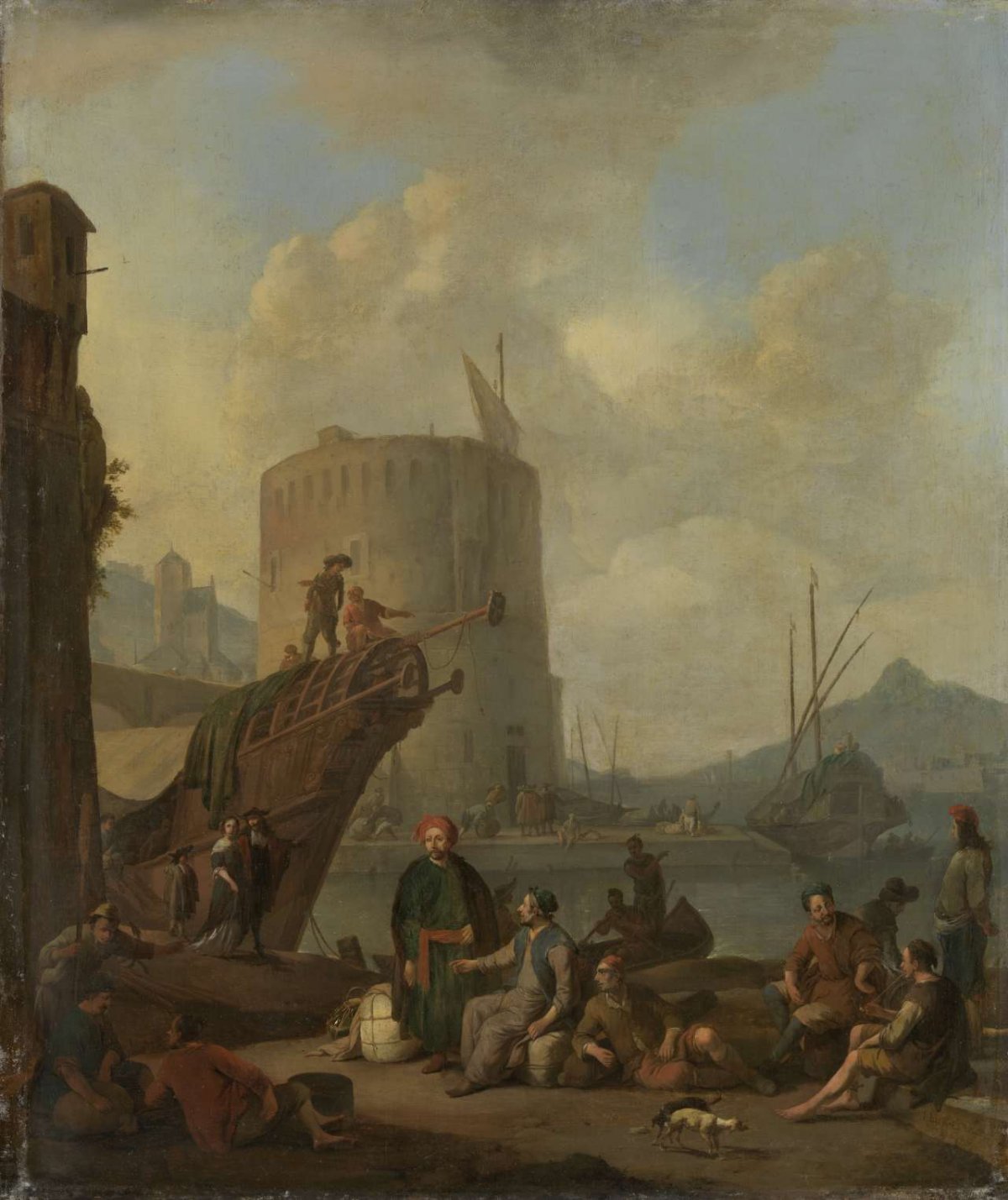 Italian Harbor with a Fortified Tower, Johannes Lingelbach, 1664