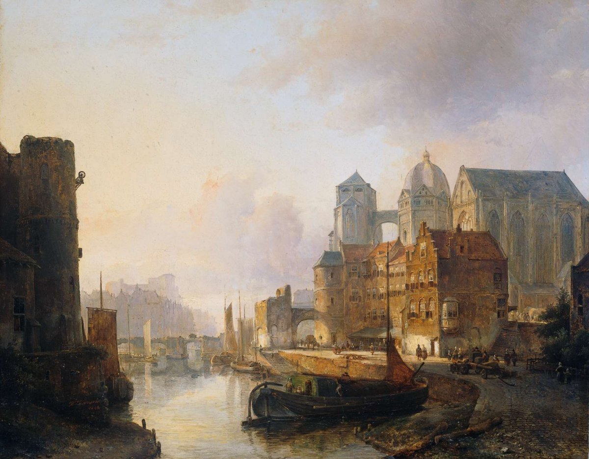 Imaginary View of a Riverside Town with Aachen Cathedral, Kasparus Karsen, 1846
