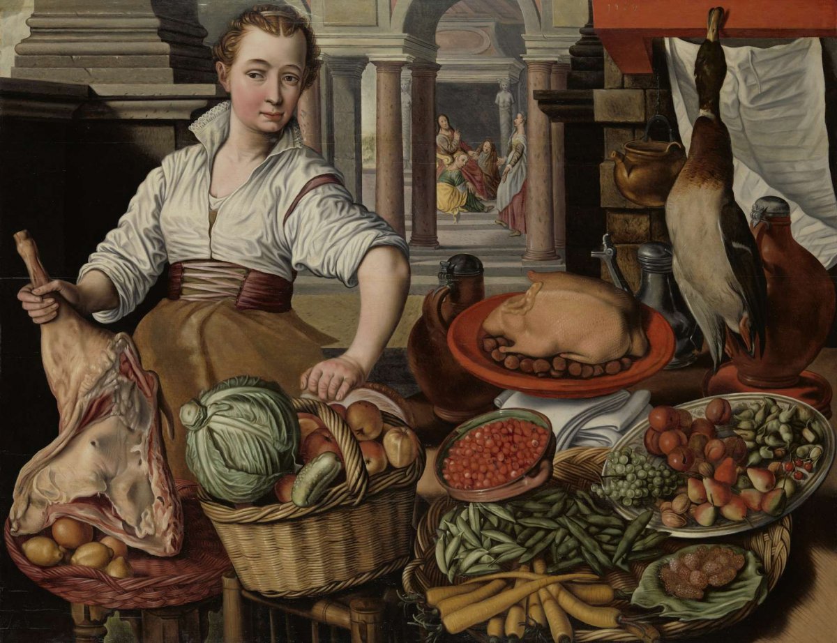 Kitchen Scene, with Jesus in the House of Martha and Mary in the background, Joachim Bueckelaer, 1569