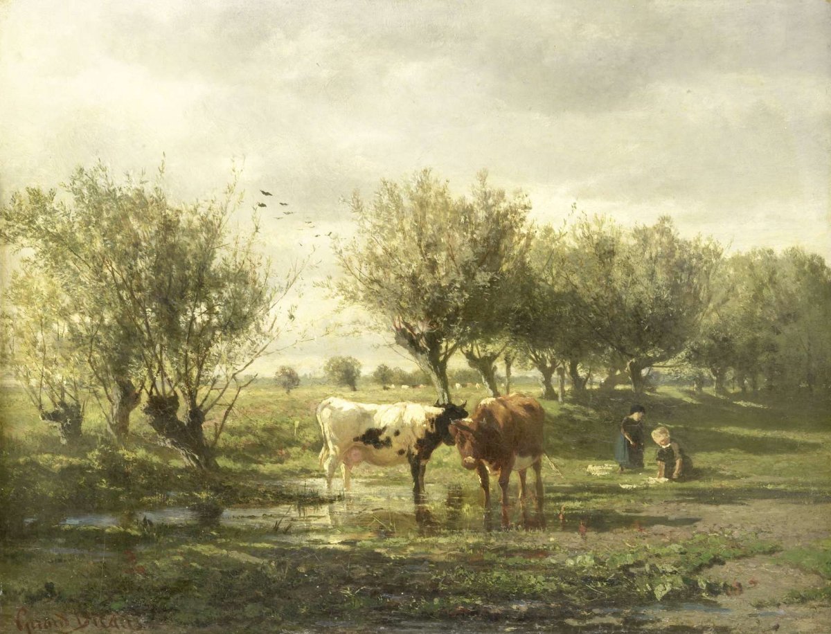 Cows at a pond, Gerard Bilders, 1860 - 1865