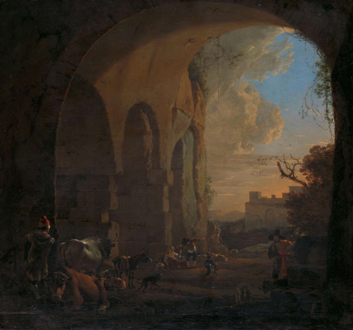 Drovers with Cattle under an Arch of the Colosseum in Rome, Jan Asselijn, 1640 - 1652