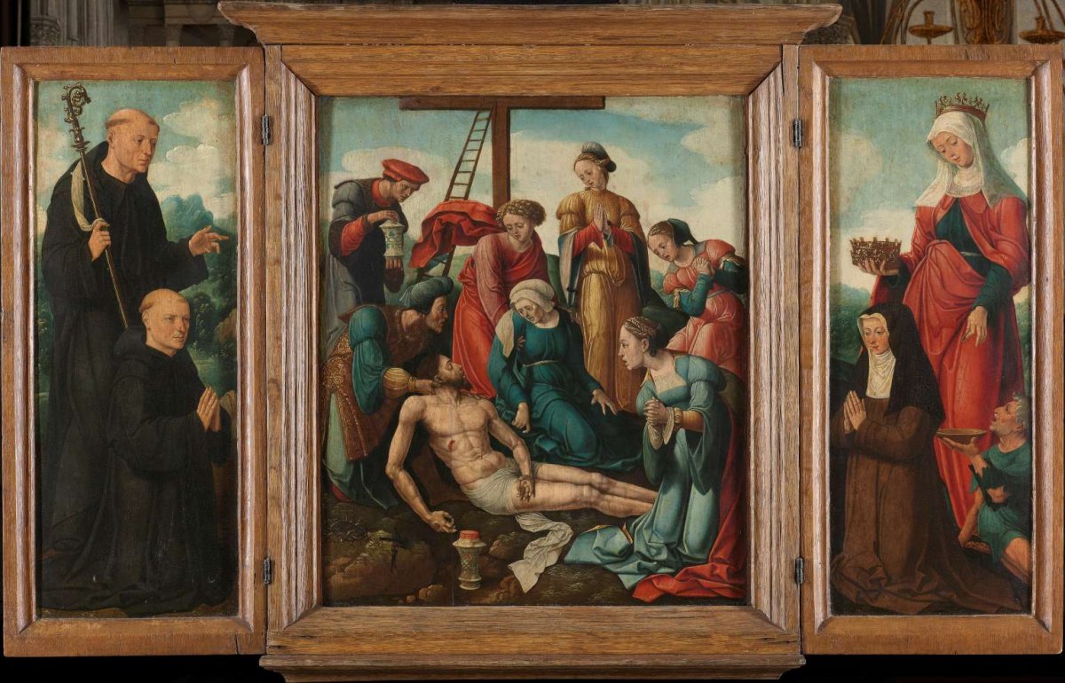 Triptych with the Lamentation of Christ (center), flanked by the male Donor with Saint Benedict (left, inner wing) and female Donor with Saint Elizabeth of Thuringia (right, inner wing), Cornelis Cornelisz II Buys, c. 1540 - c. 1545