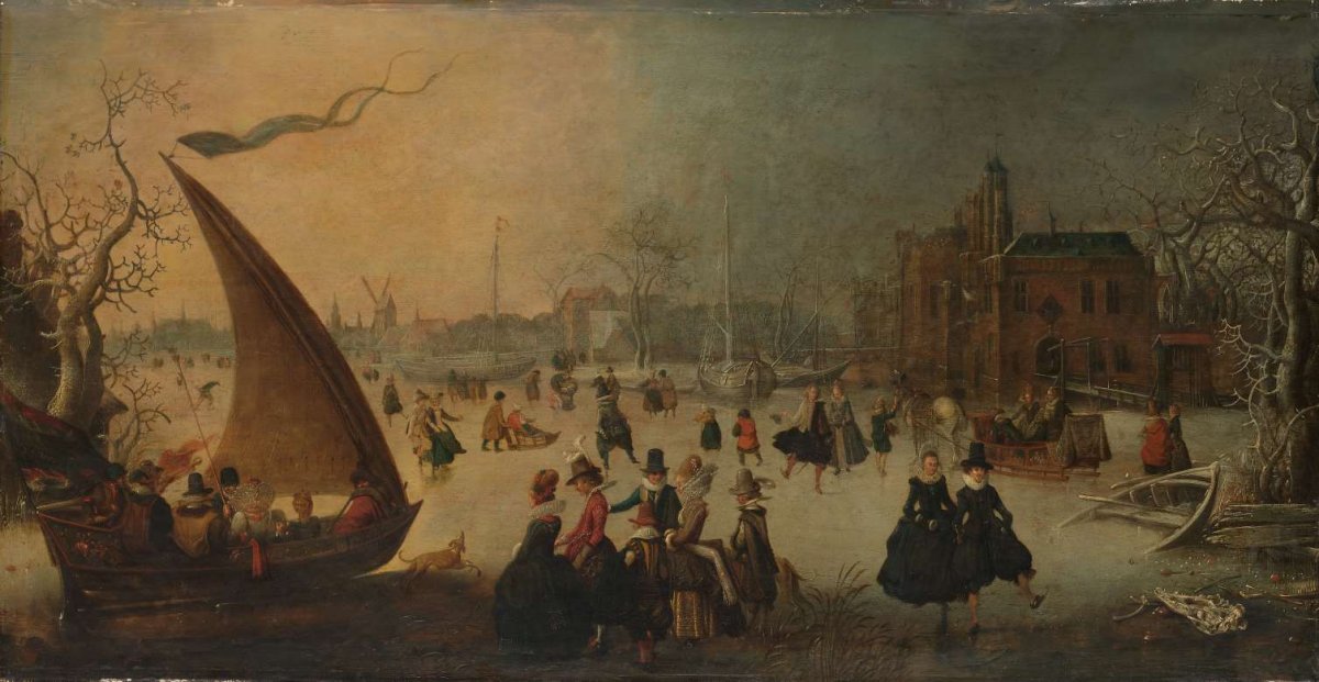 Landscape with Frozen Canal, Skaters and an Ice-Boat, Adam van Breen, 1611