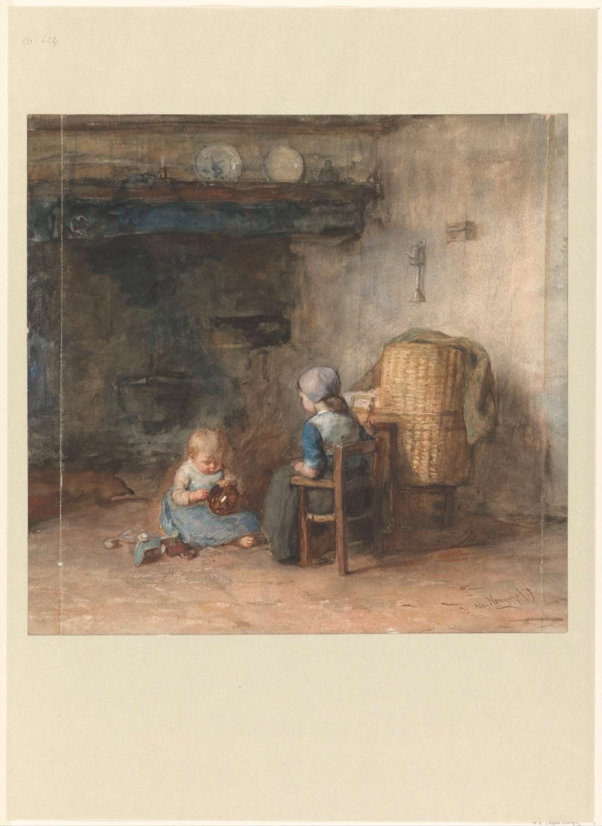 Two children in a peasant interior, Albert Neuhuys (1844-1914), 1879