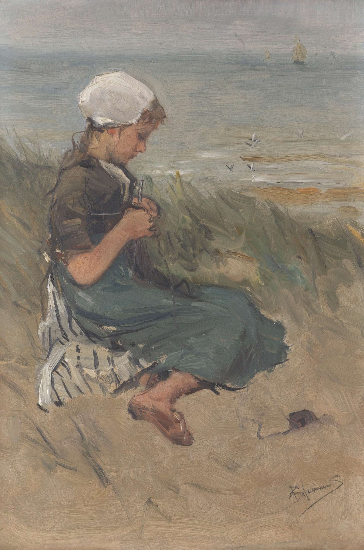Girl Knitting in the Dunes, Bernardus Johannes Blommers, c. 1870 - c. 1900