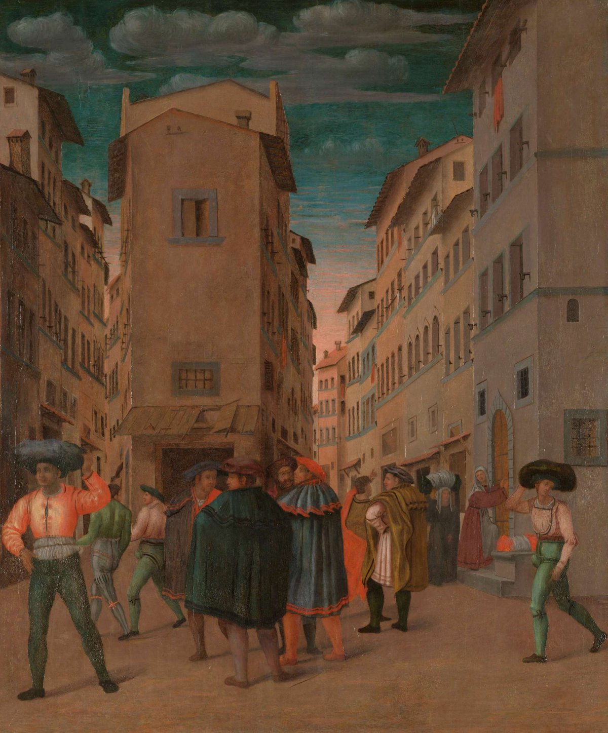 Florentine Street Scene with Twelve Figures (Sheltering the Traveler, one of the Seven Works of Mercy), anonymous, 1540 - 1560