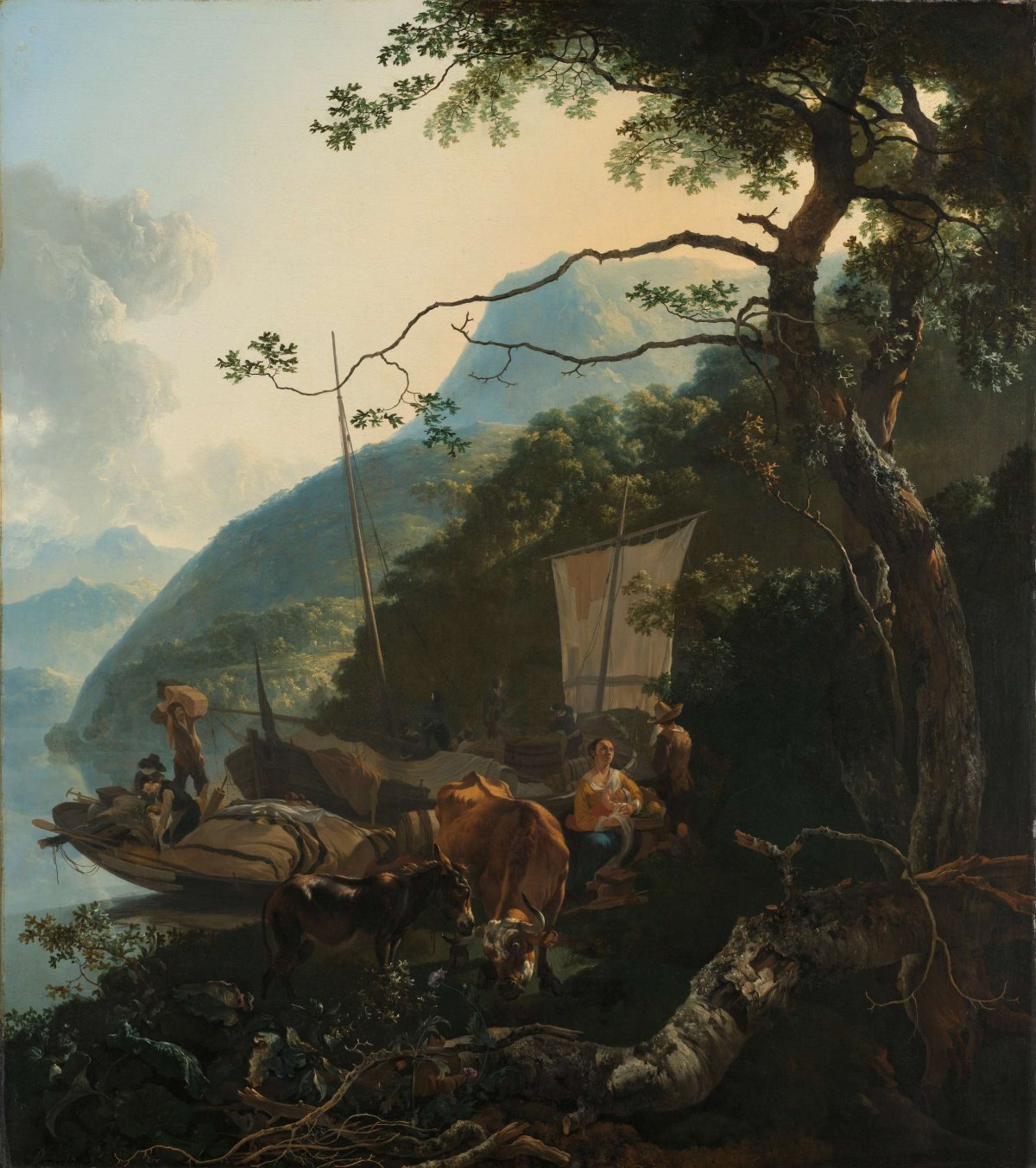 Boatmen Moored on the Shore of an Italian Lake, Adam Pijnacker, 1650 - 1670