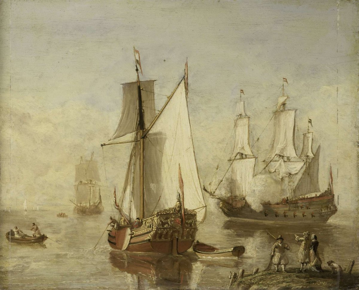 Speeljacht (Pleasure Yacht) and Warship, anonymous, 1675 - 1699