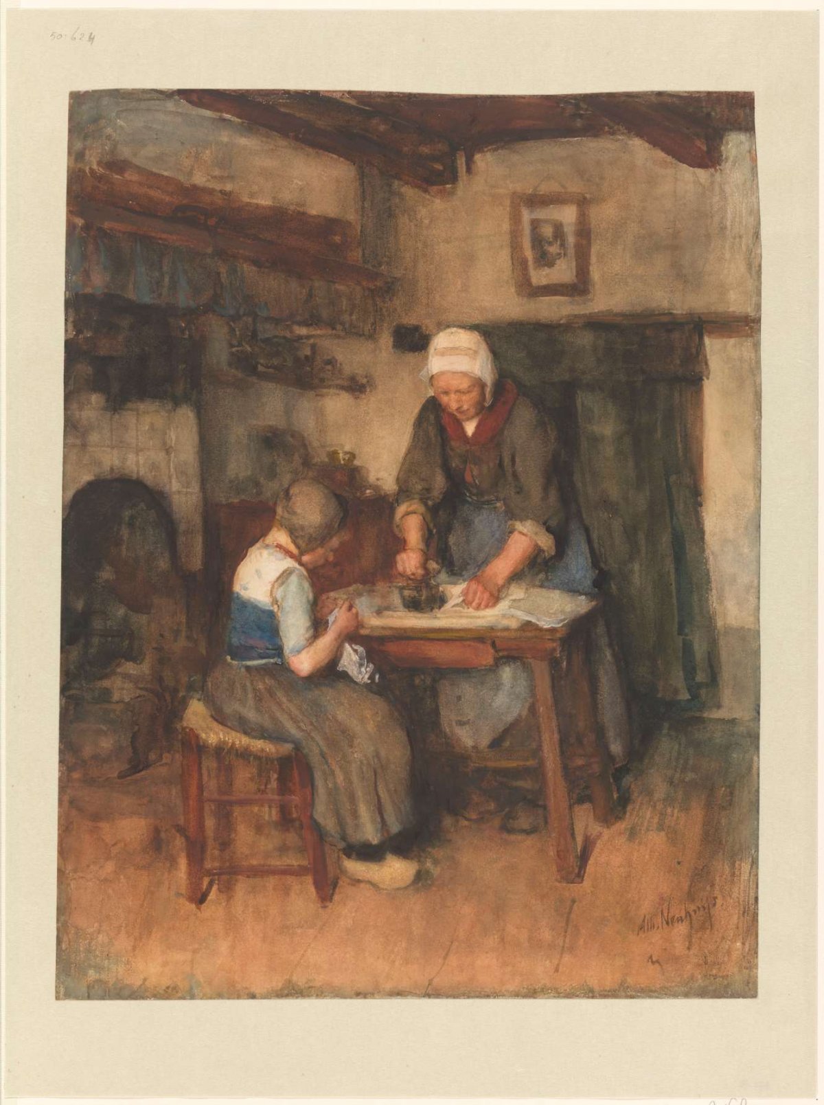 Interior with ironing woman and sewing child, Albert Neuhuys (1844-1914), 1854 - 1914