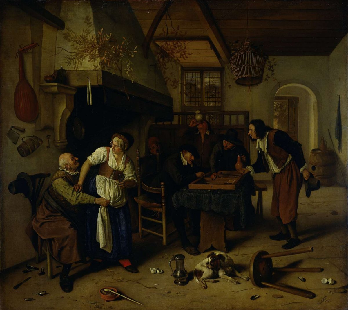 Interior of an inn with an old man amusing himself with the landlady and two men playing backgammon, known as 'Two kinds of games', Jan Havicksz. Steen, 1660 - 1679