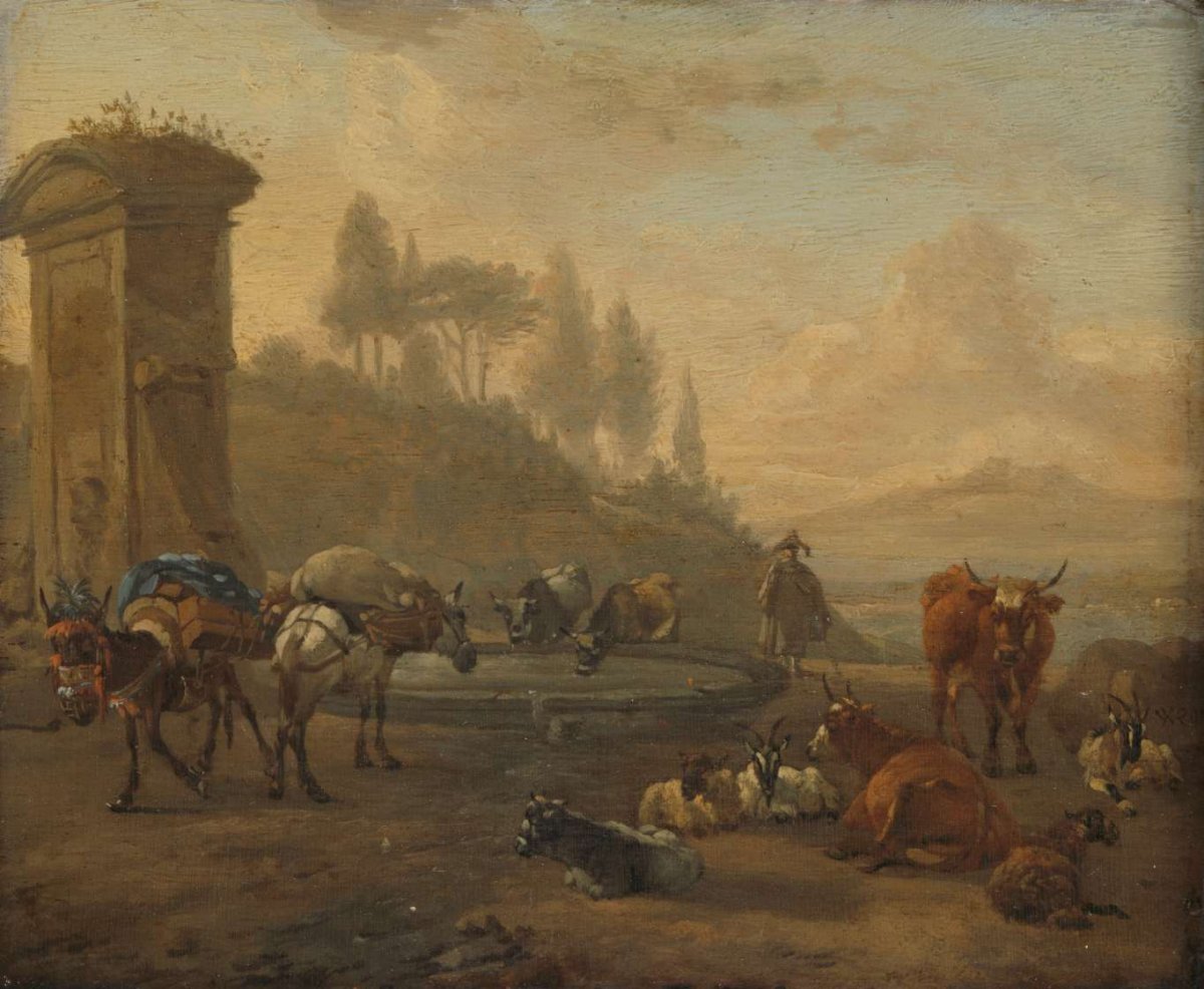 Livestock by a Fountain, Willem Romeyn, 1650 - 1694