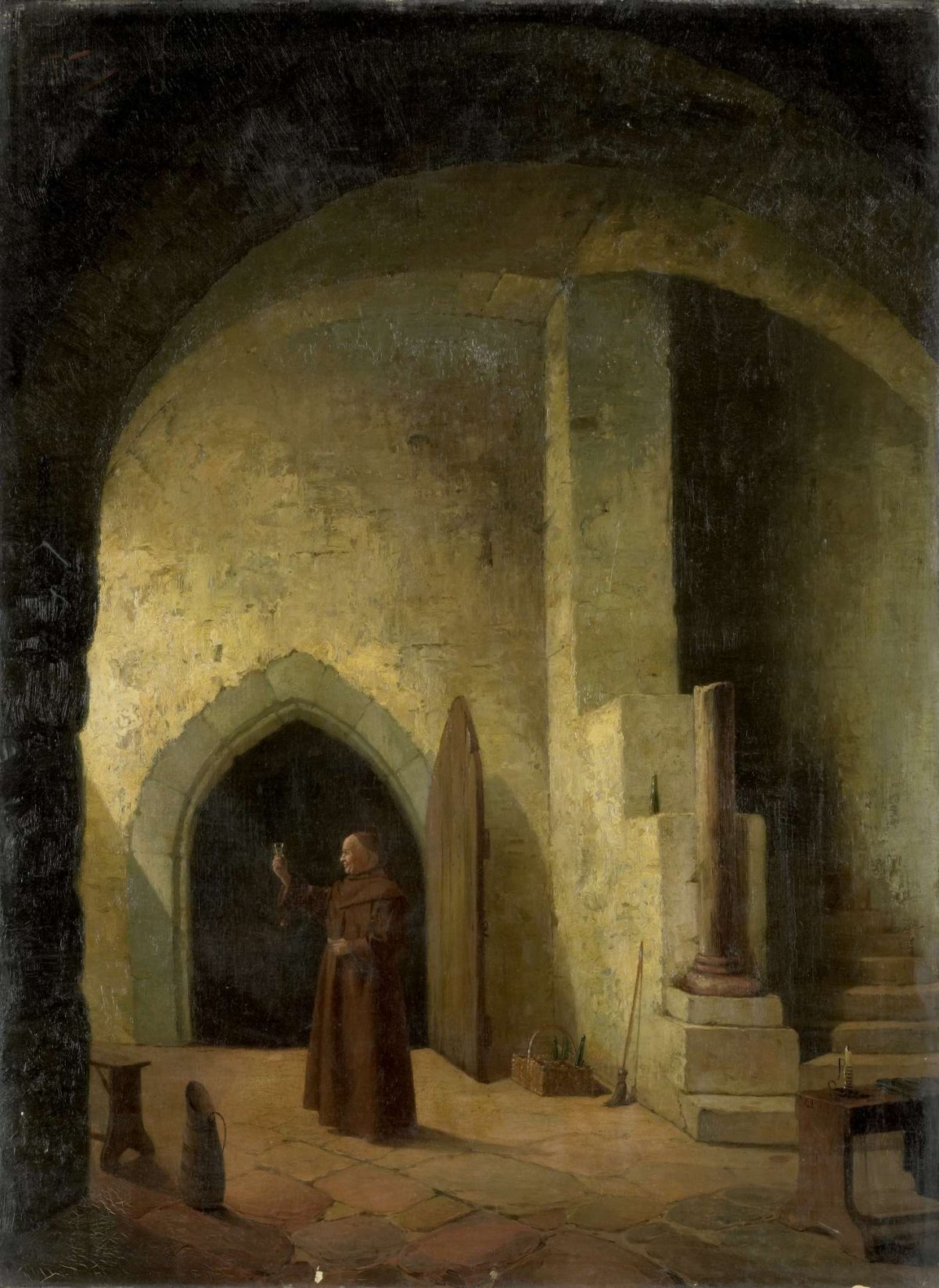A monk with a glass in hand in a cellar, F. Taupel, 1800 - 1900