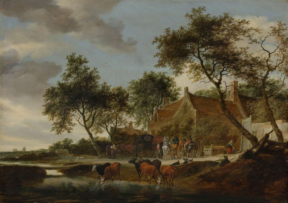 Landscape with Travellers before an Inn near a Watering Place, Salomon van Ruysdael, 1660