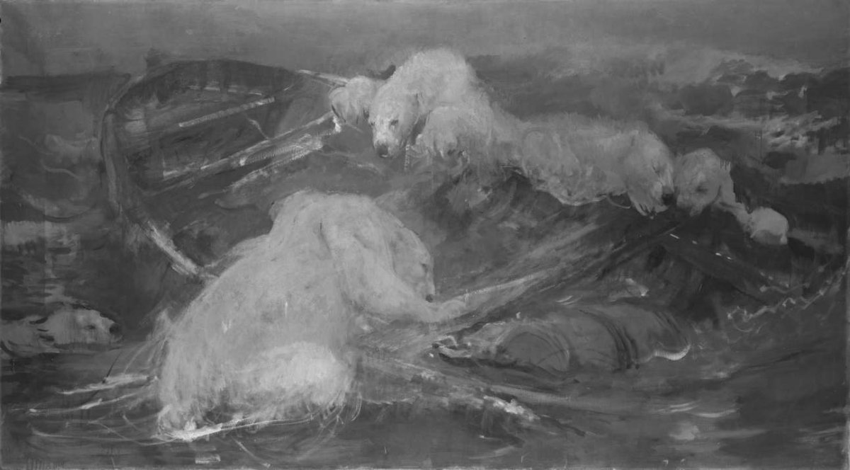 Polar bears climb a drifting sloop, John Macallan Swan, 1870 - 1910