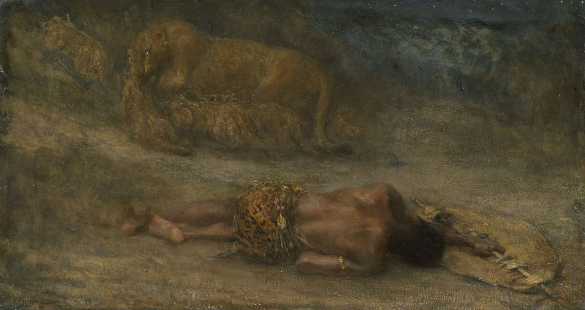 A lioness with her cubs near a dead black man named 'Nemesis', John Macallan Swan, 1870 - 1905