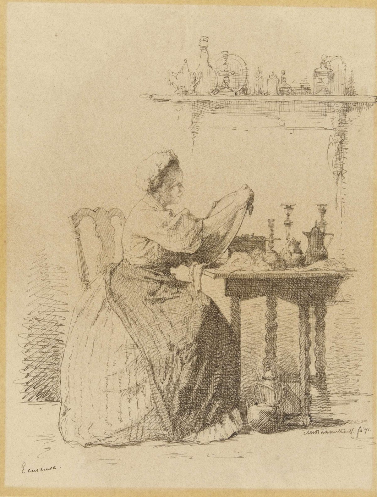Maid sitting at the table cleaning., Alexander Hugo Bakker Korff, 1871