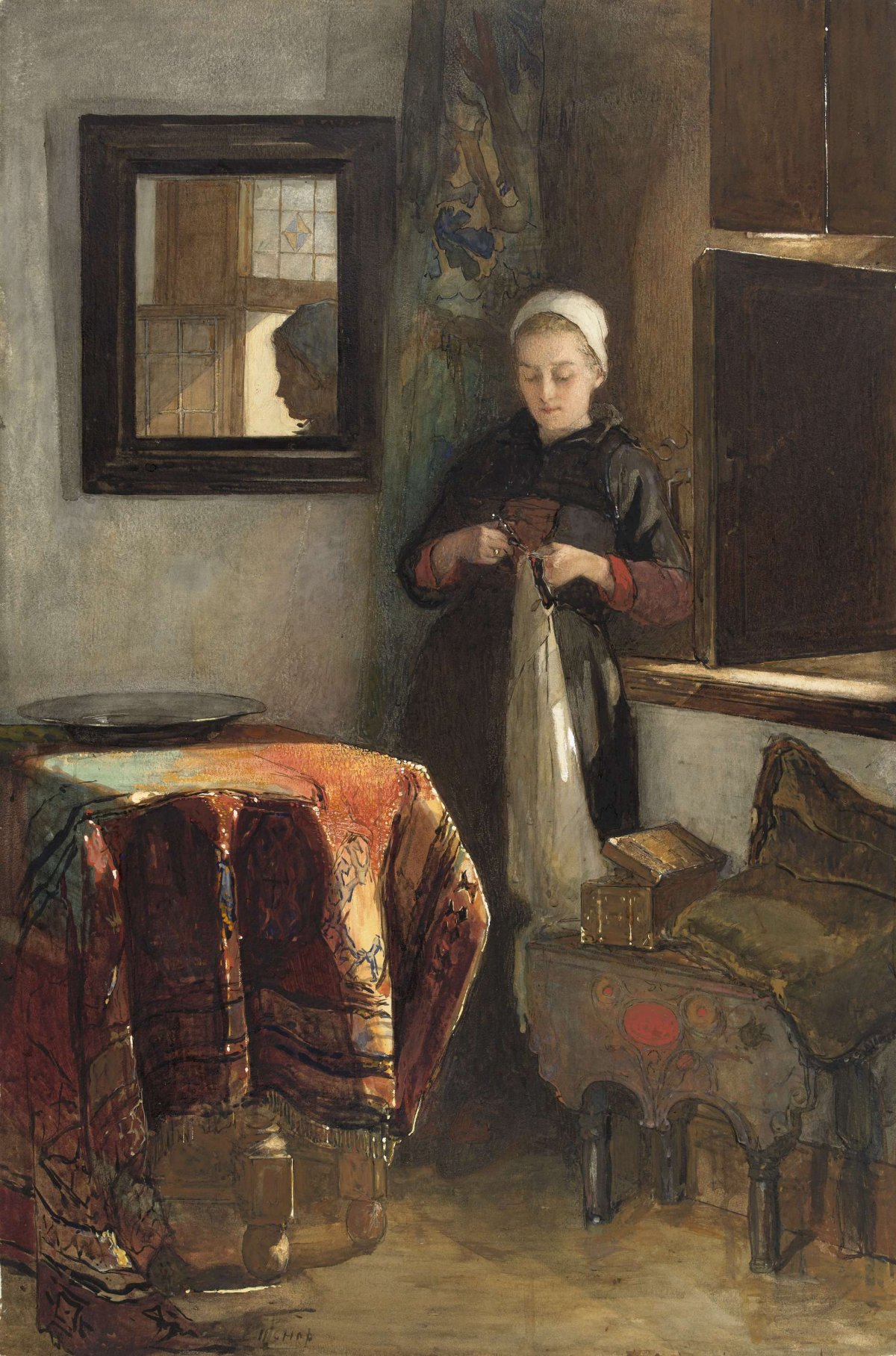 'The sunny corner': young woman in a room in Hindelopen, Christoffel Bisschop, 1838 - 1904