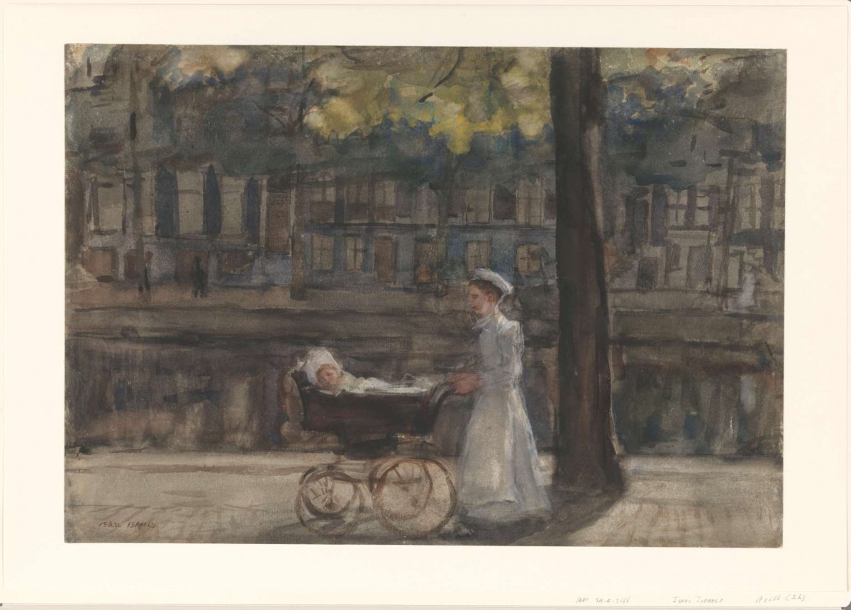Servant girl with baby carriage on the Keizersgracht., Isaac Israels, c. 1875 - c. 1904
