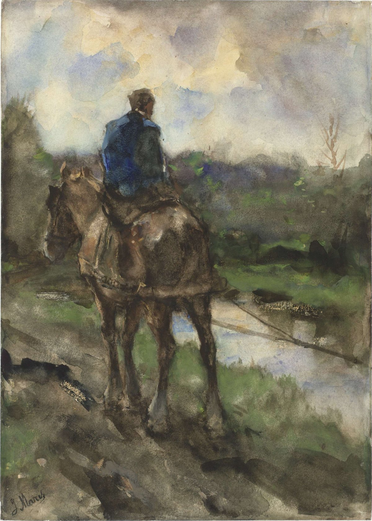 Hunter on horseback on the towpath, Jacob Maris, 1847 - 1899