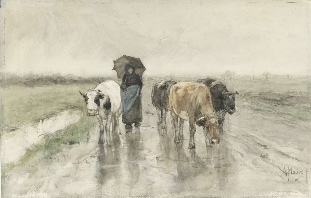 A Herdess with Cows on a Country Road in the Rain, Anton Mauve, 1848 - 1888