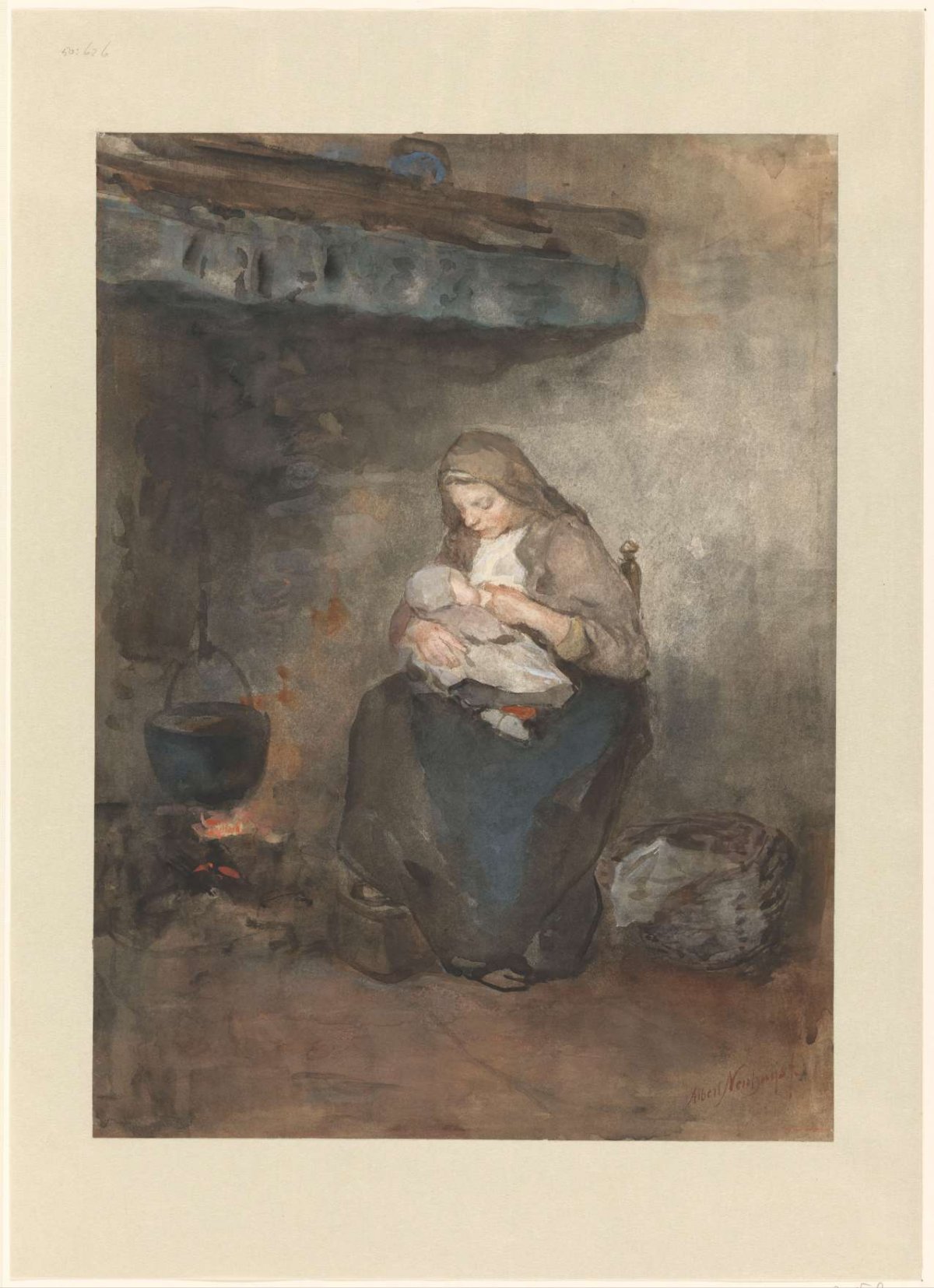 Mother suckling her child by the fireplace, Albert Neuhuys (1844-1914), 1854 - 1914