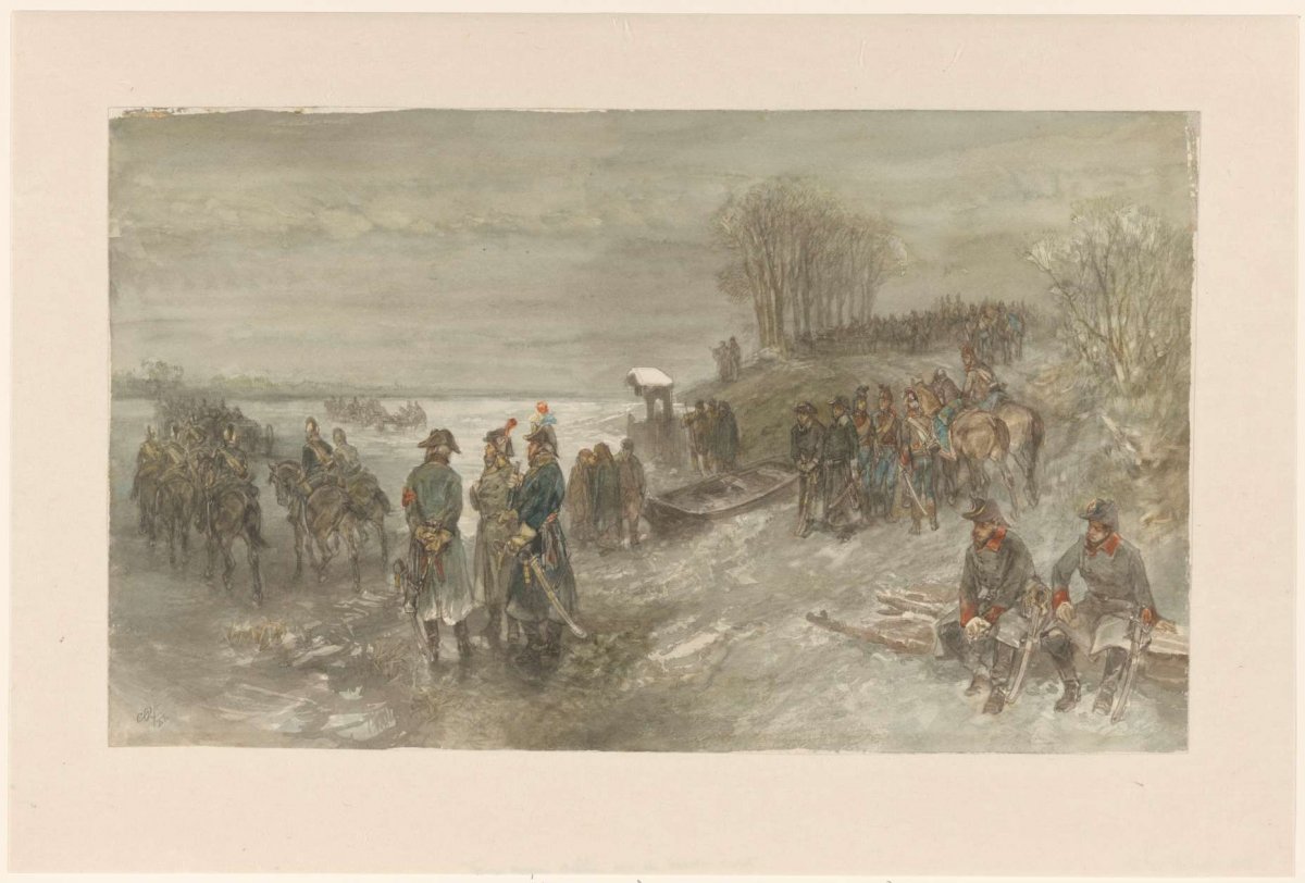 French troops move across a frozen river, Charles Rochussen, 1888